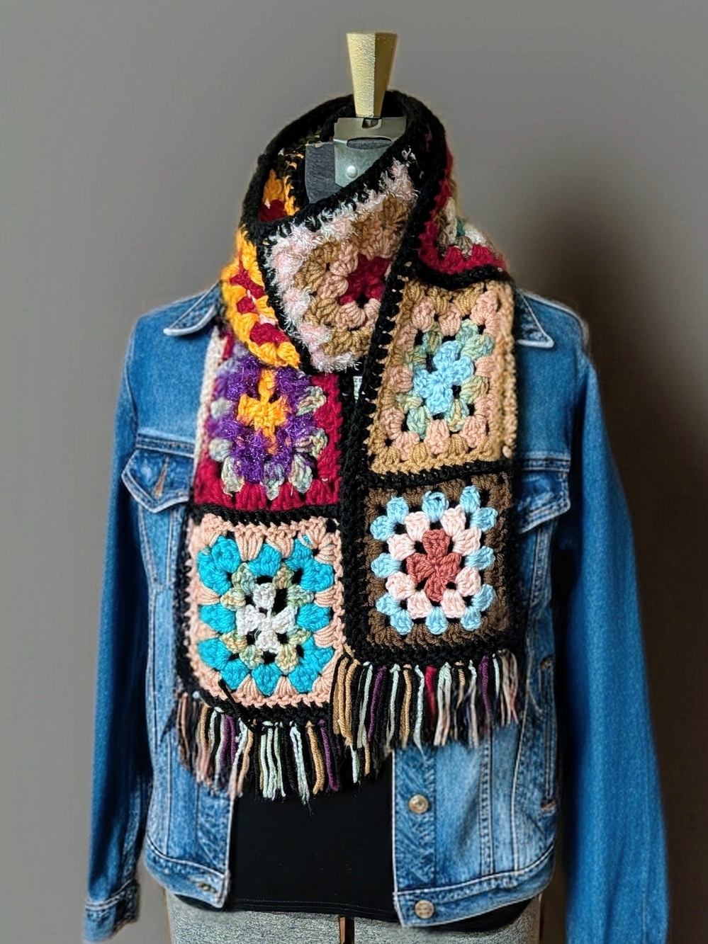 EUC Handmade Crochet Granny Square Scarf Boho Chunky Patchwork Fringe 6"x60" - Picture 5 of 7